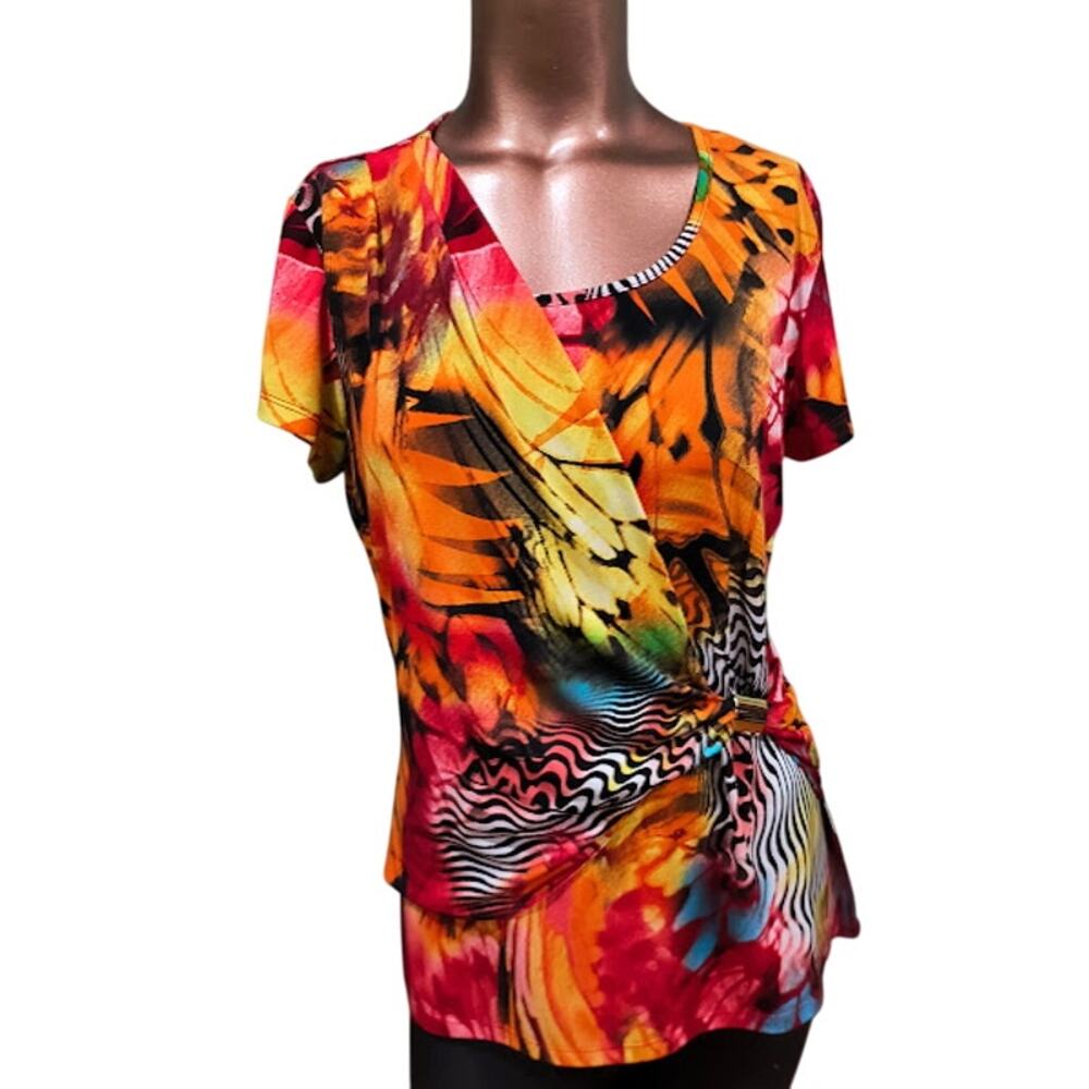 Softworks Colorful Print Faux Wrap Top with Gold Cinch, Multi,‎ Size M
